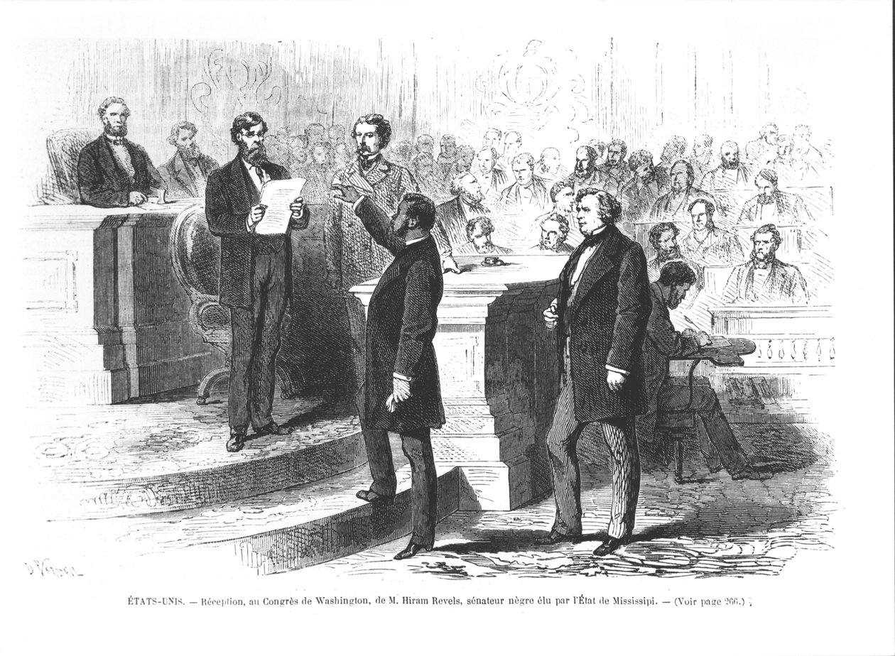 Hiram Revels, de eerste zwarte senator van de staat Mississippi, wordt beëdigd in het Congres van Washington door French School