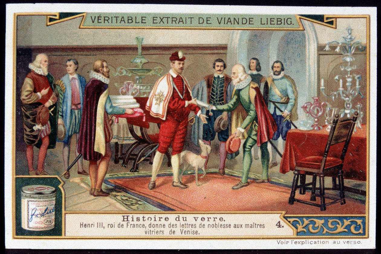 Geschiedenis van glas: Hendrik III (1551-1589) Koning van Frankrijk verleent adelsbrieven aan de meester-glasmakers van Venetië. Eind 19e eeuw liebig chromolithografie door French School