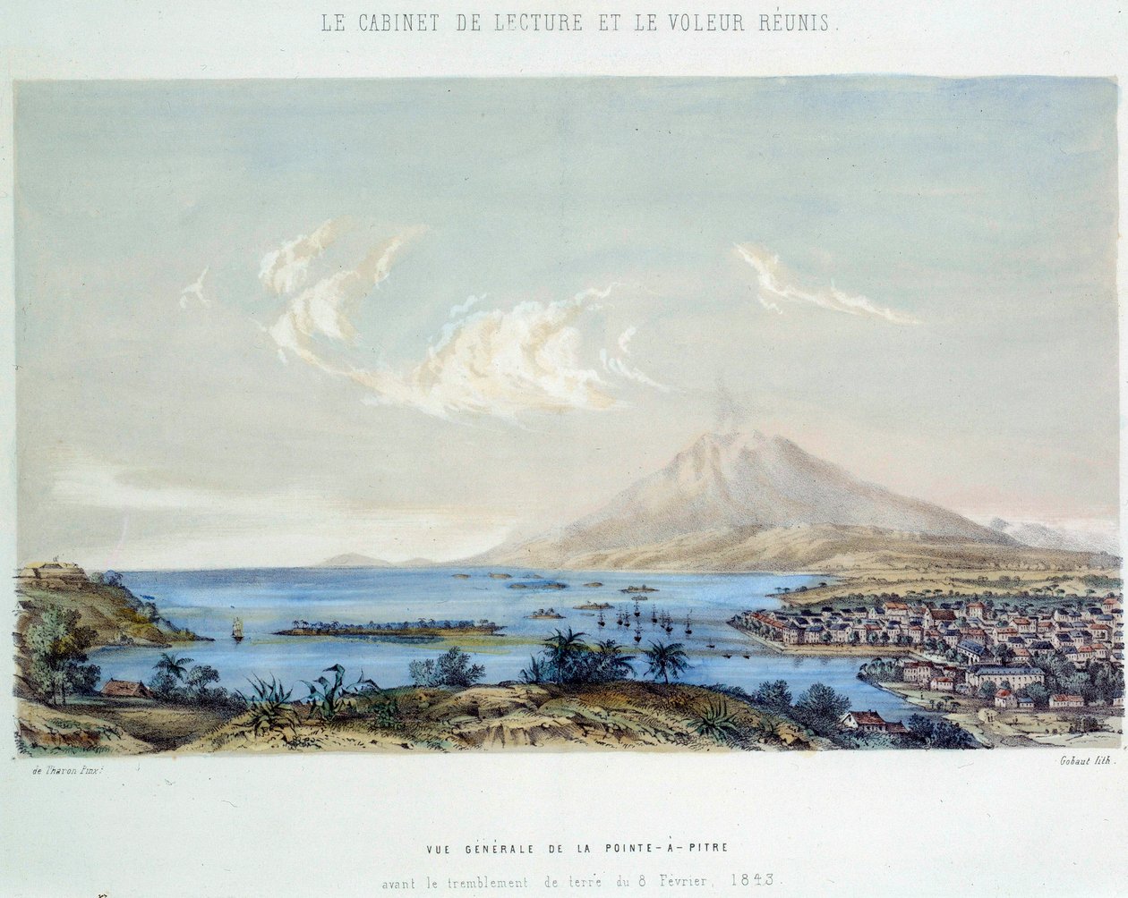 Geschiedenis van de Franse koloniën: algemeen uitzicht op Pointe-a-Pitre in Guadeloupe (Antillen) voor de aardbeving van 8/02/1843 door French School