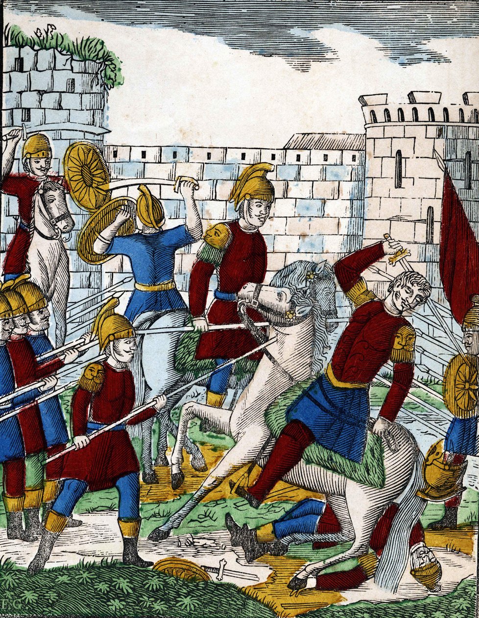 Geschiedenis van de vier zonen Aymon; De verrader Ganelon, in een hinderlaag in de vallei van Soissons, doodt de hertog van Beauves d