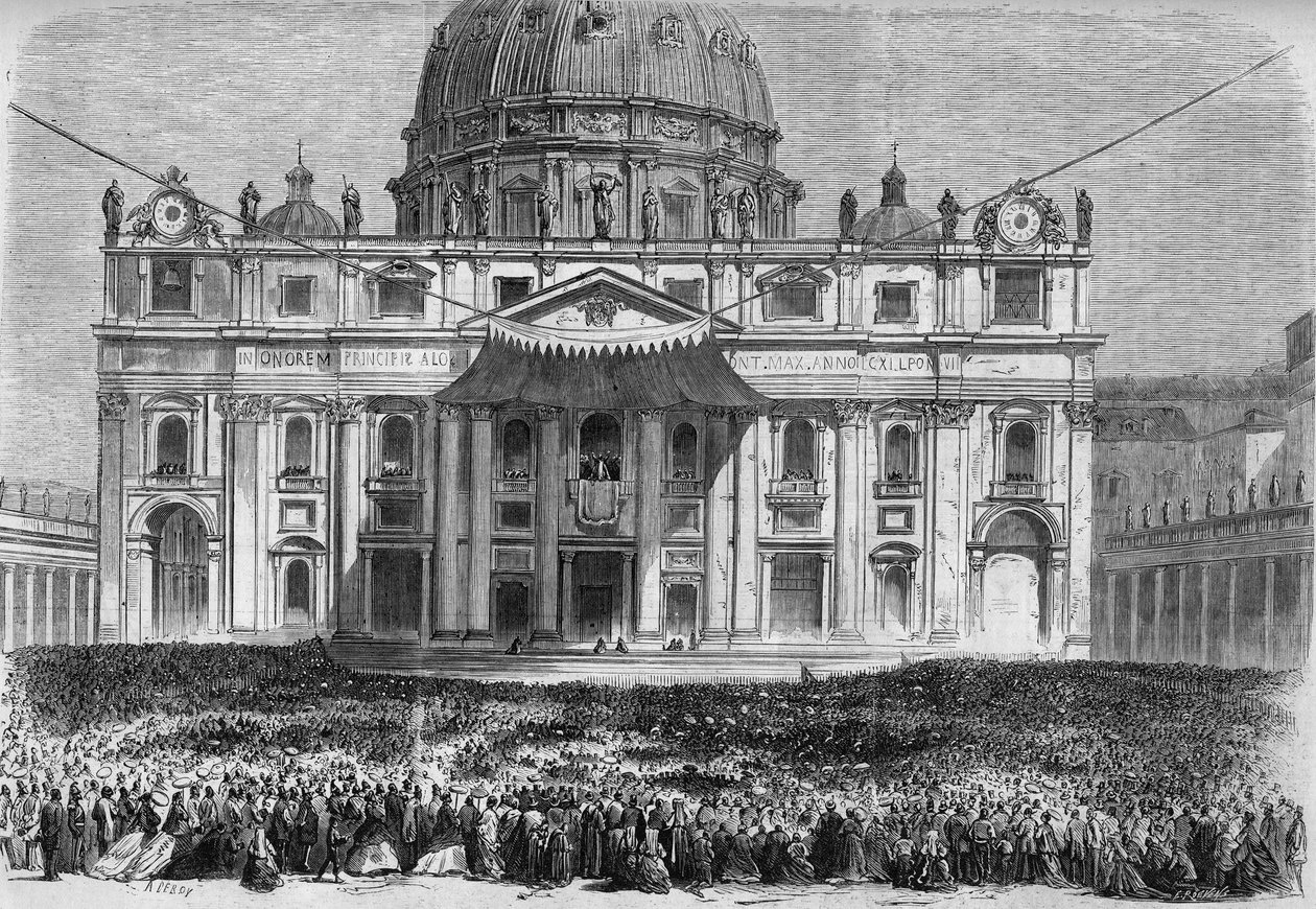 Goede Week in Rome: uitzicht op het Sint-Pietersplein in Rome (Piazza San Pietro) tijdens de zegen urbi et orbi op Witte Donderdag en Paaszondag. Gravure in Le Monde Illustré nr. 526 van 11 mei 1867. door French School