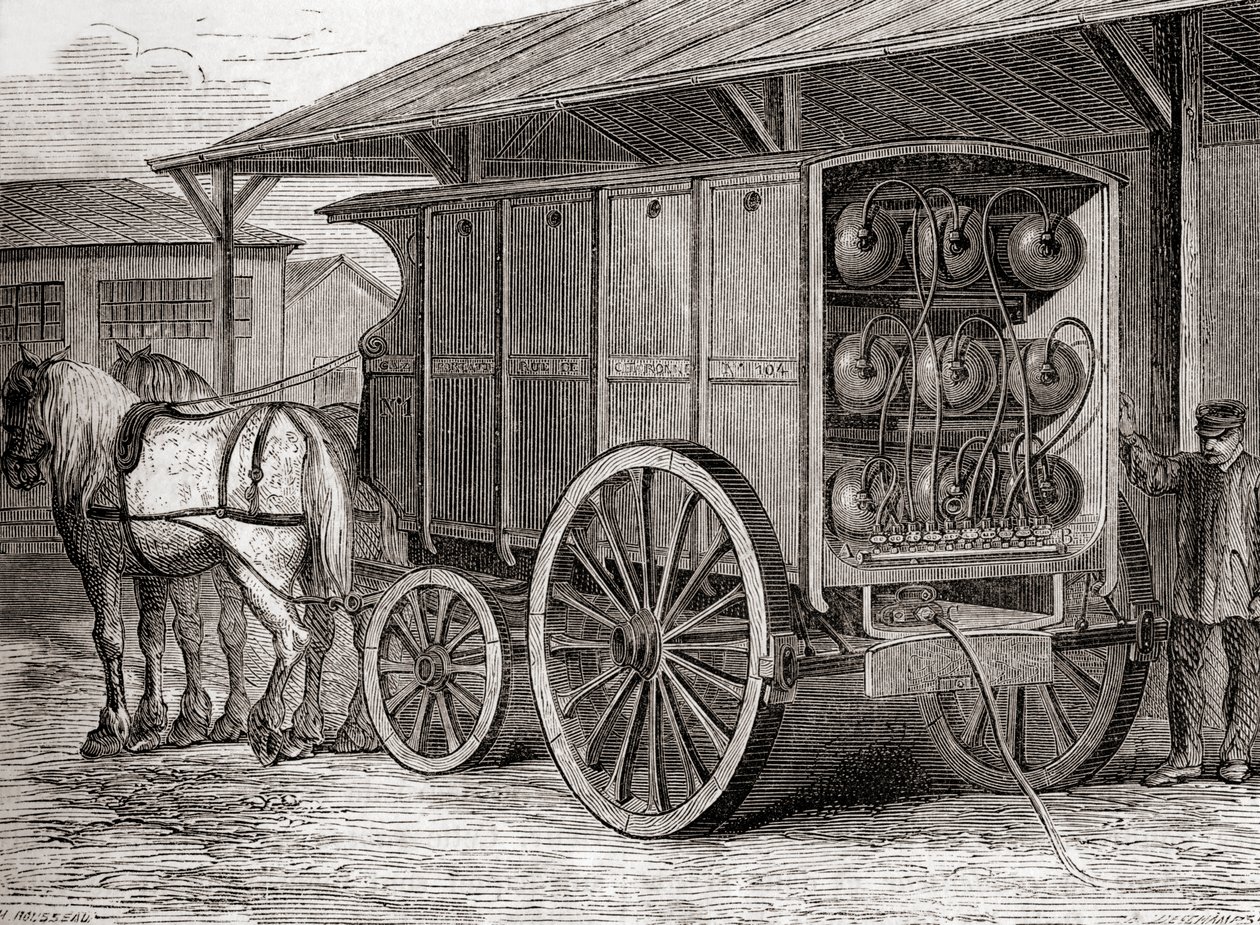 Paard en wagen gebruikt om samengeperst gas in draagbare containers te vervoeren in de 19e eeuw, uit Les Merveilles de la Science, gepubliceerd ca. 1870 door French School