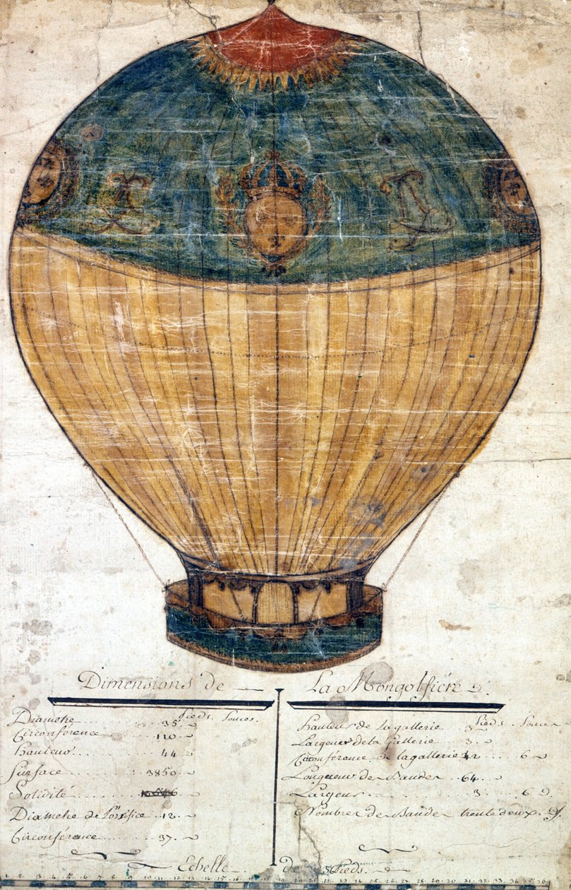 Heteluchtballon van de gebroeders Montgolfier. Originele tekening. 1782 door French School