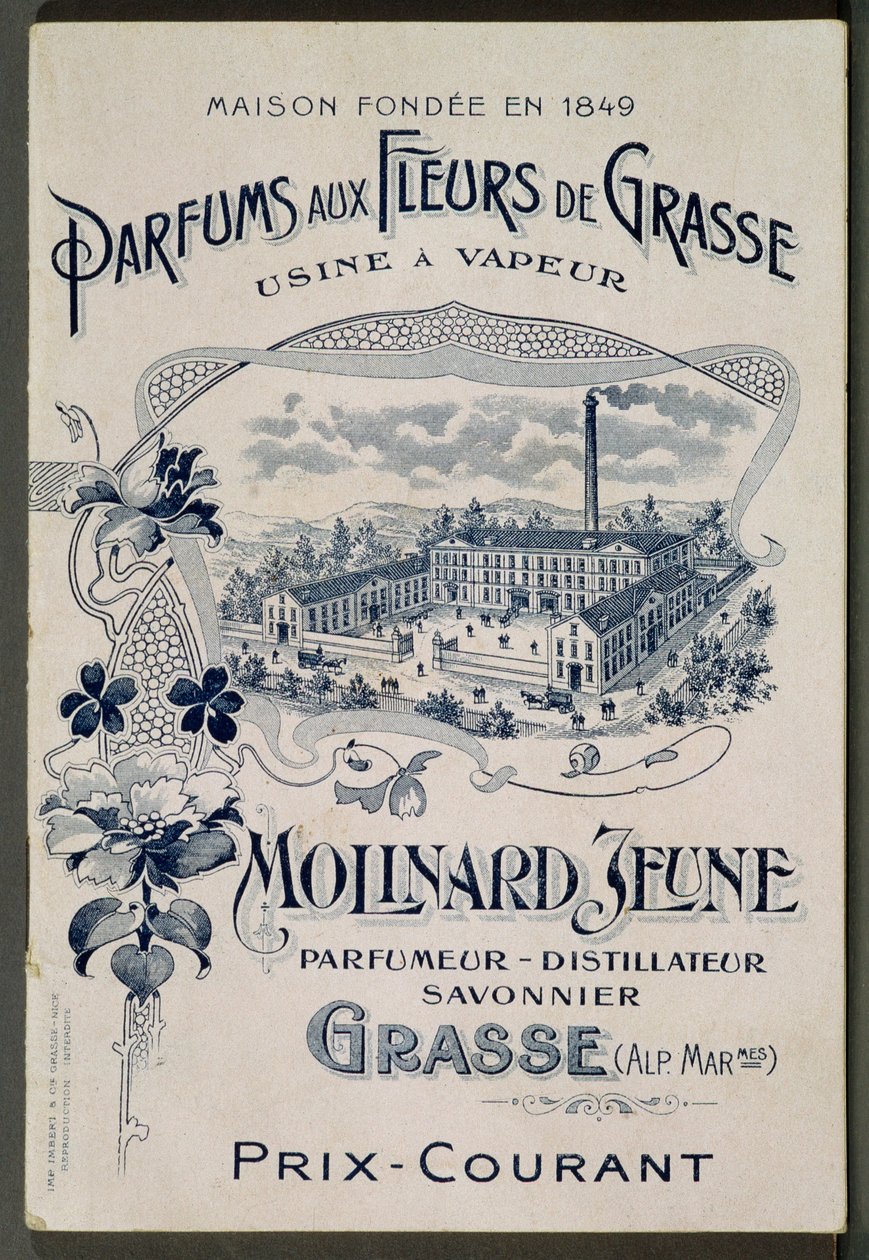 Huis opgericht in 1849 - Geuren van bloemen uit Grasse - Stoomfabriek: Molinard Jeune - Reclamekaart met de Molinard-fabriek - gravure, begin 20e eeuw door French School