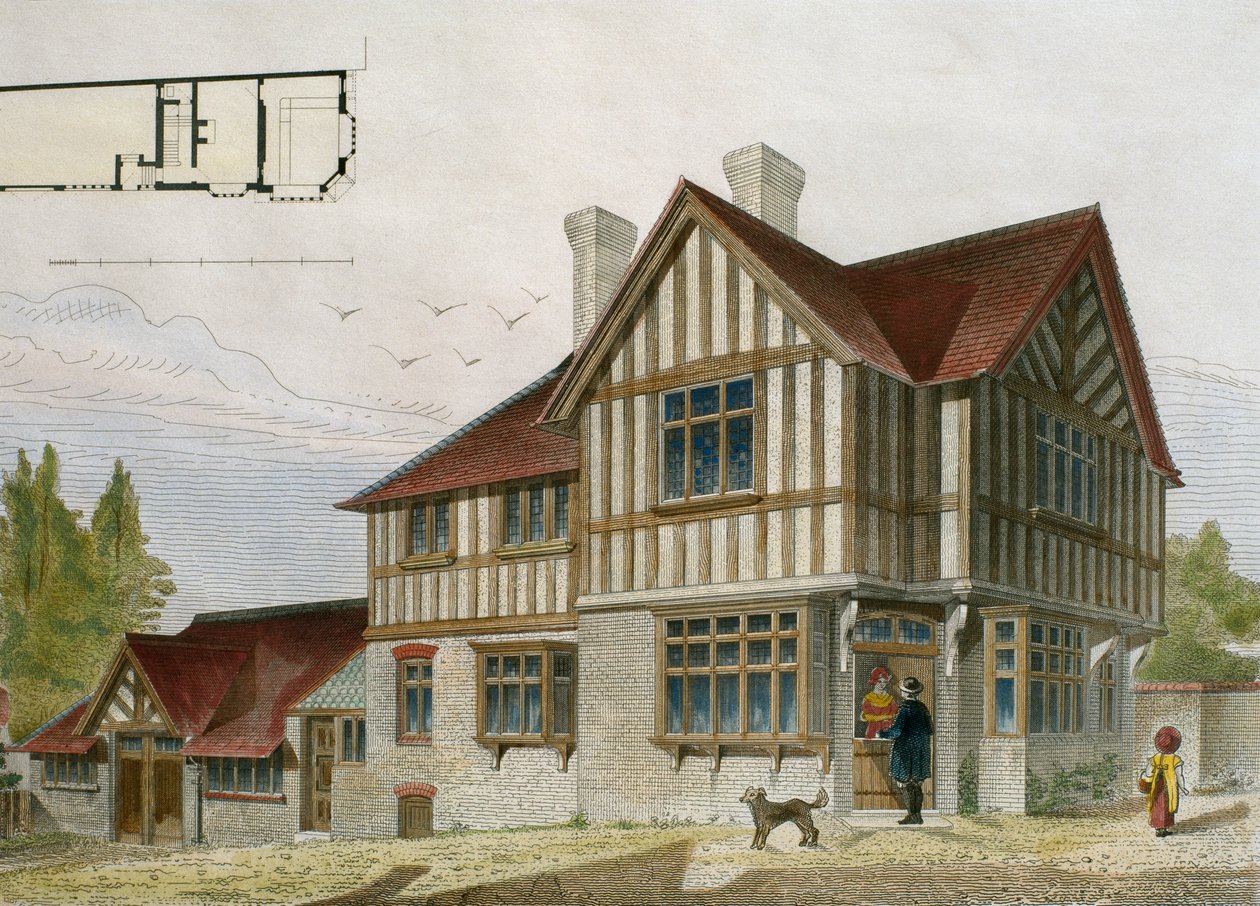 Huis van een kleine winkelier in de omgeving van Londen, illustratie uit Le Moniteur des architectes, 1884, gegraveerd door Paul Louis Bury (19e eeuw) door French School