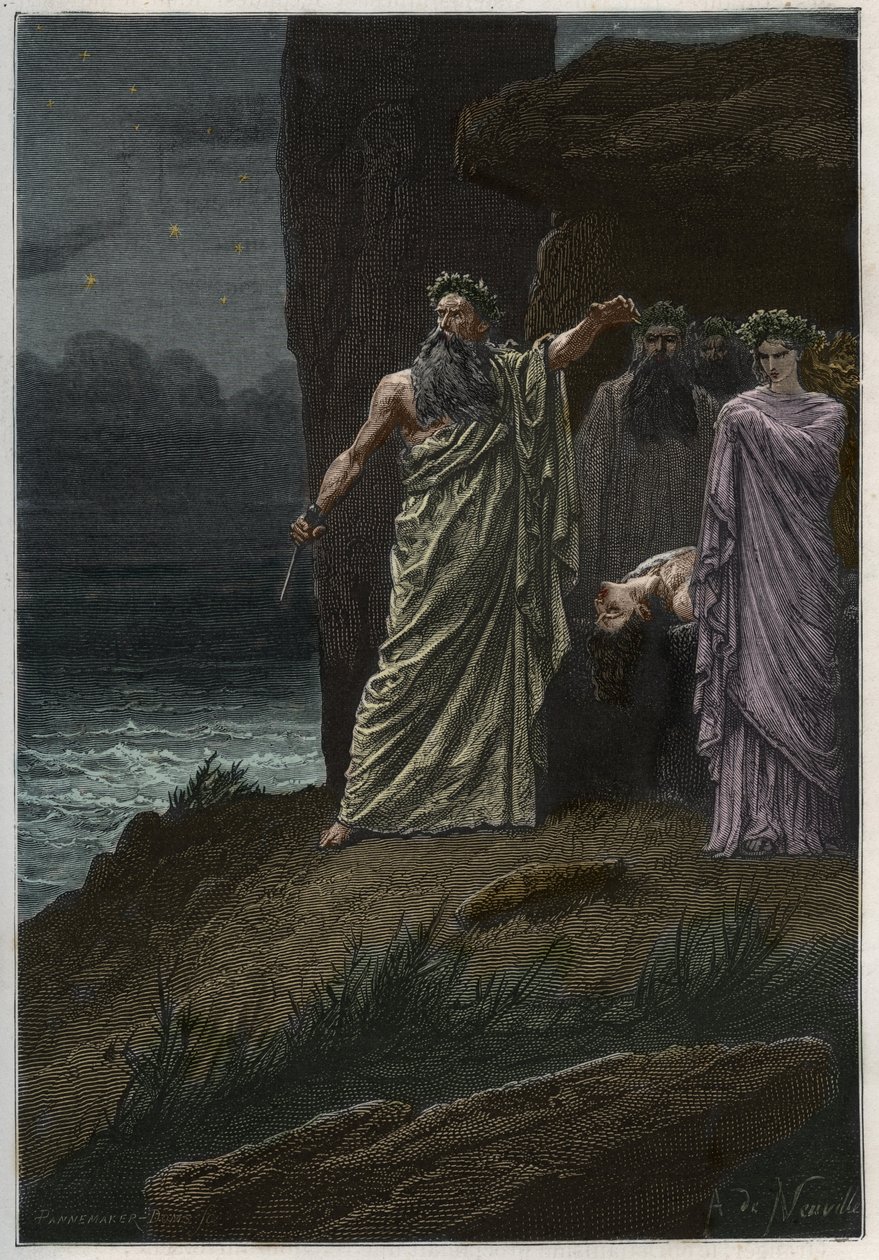 Menselijke offerande door de druïde na Alphonse de Neuville - Druïden die menselijke offers brengen - gravure uit 
