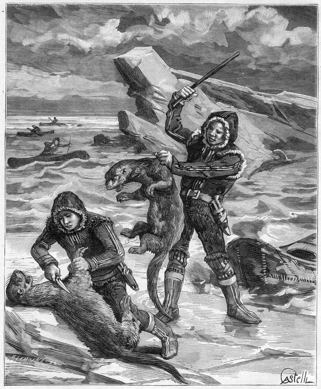 Otterjagers in Alaska - otterjagers van Alaska in 1888 - Gravure in 