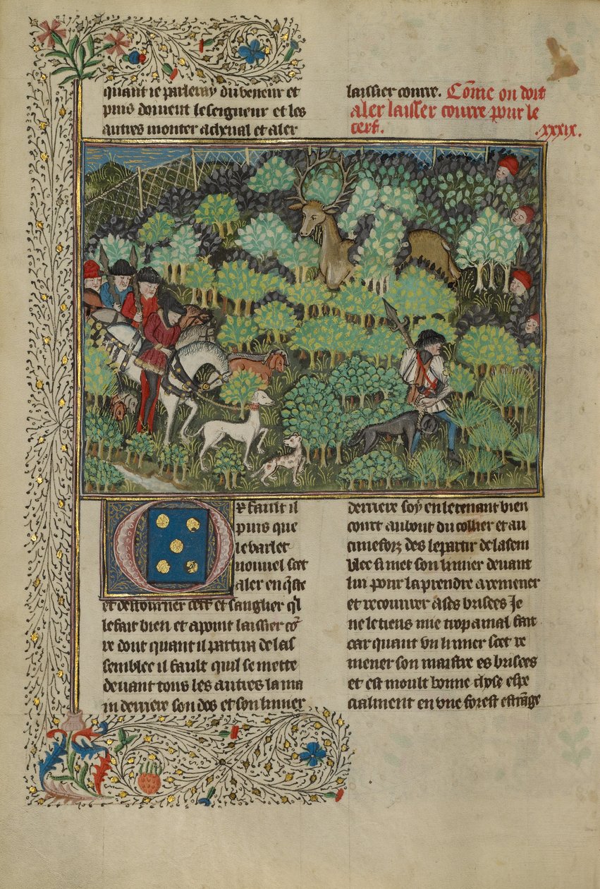 Jagers die een hert achtervolgen, ca. 1430-40 door French School