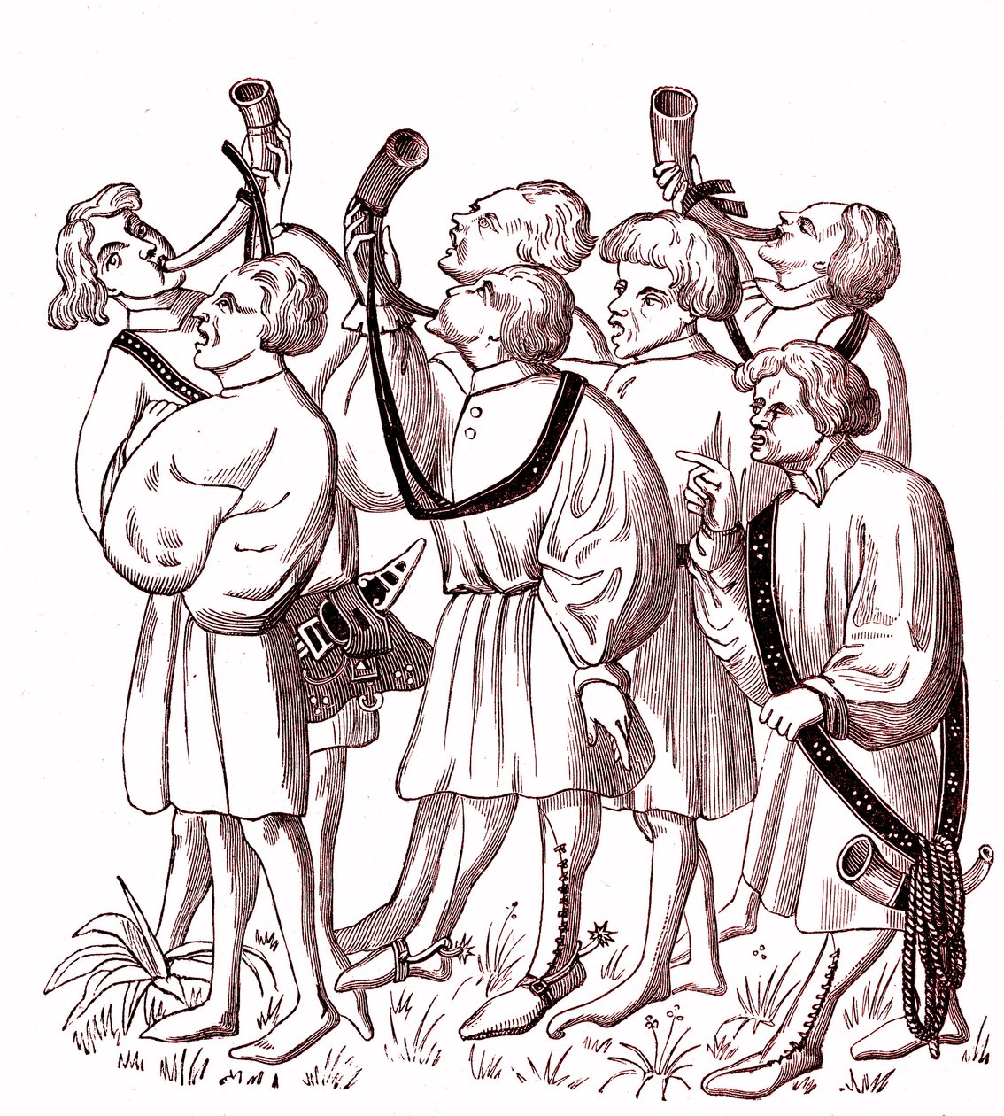 Jachthoornblazers (15e eeuw) - Simile College van een miniatuur uit het manuscript van Gaston Phebus (1331-1391) door French School