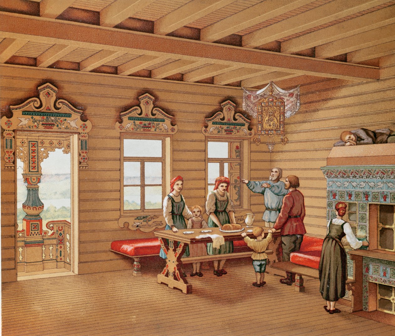 Geïdealiseerd interieur van een Russische izba, c.1880 (kleurgravure) door French School