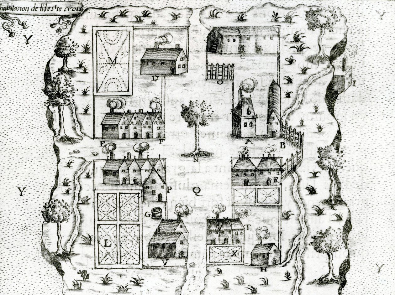 Ile Ste. Croix, de vroegste Franse nederzetting in Acadia, 1604, uit Voyages door Samuel de Champlain door French School