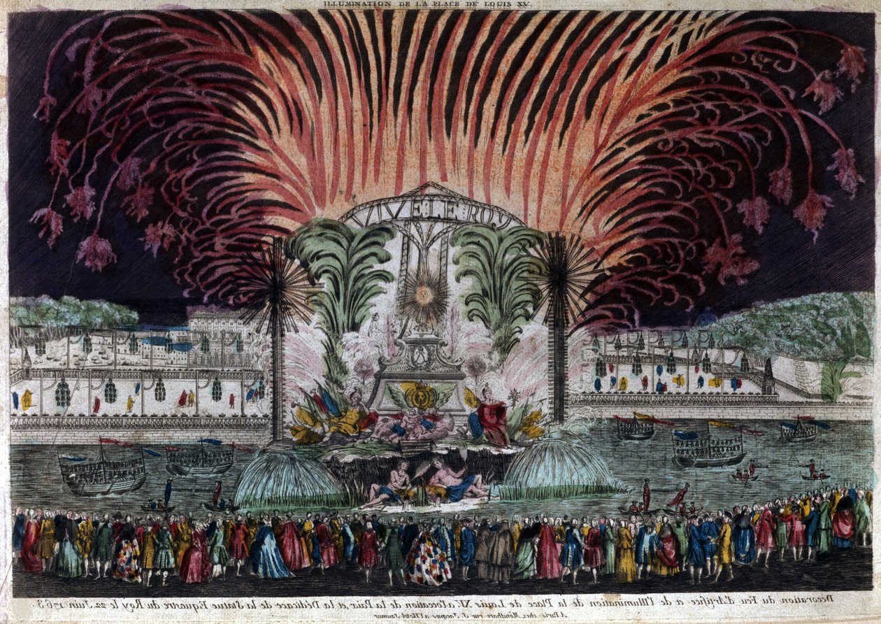 Verlichting en vuurwerk op Place Louis XV in Parijs ter gelegenheid van de vrede en de inhuldiging van het ruiterstandbeeld van de koning op 22 juni 1763. Privee Collectie door French School