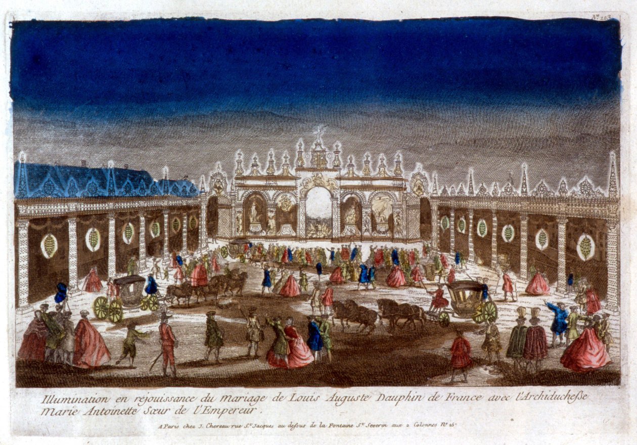 Verlichting ter viering van het huwelijk van Louis Auguste, dauphin van Frankrijk (Lodewijk XVI), met Aartshertogin Marie Antoinette, zus van de Keizer - gravure door French School
