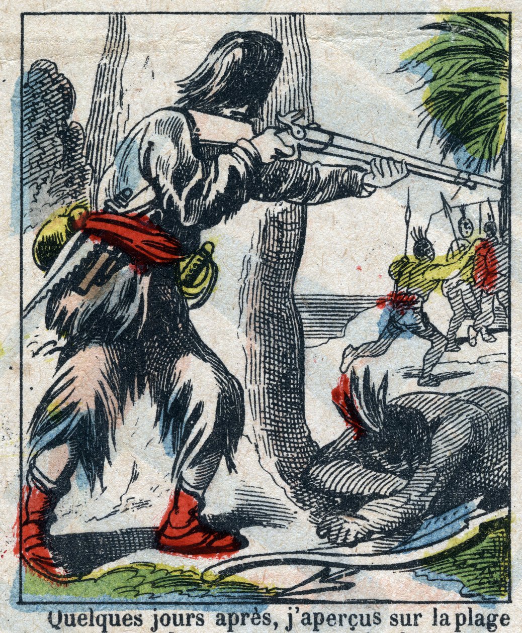 Illustratie voor het boek van Daniel Defoe Robinson Crusoe. Epinal afbeelding eind 19e eeuw door French School