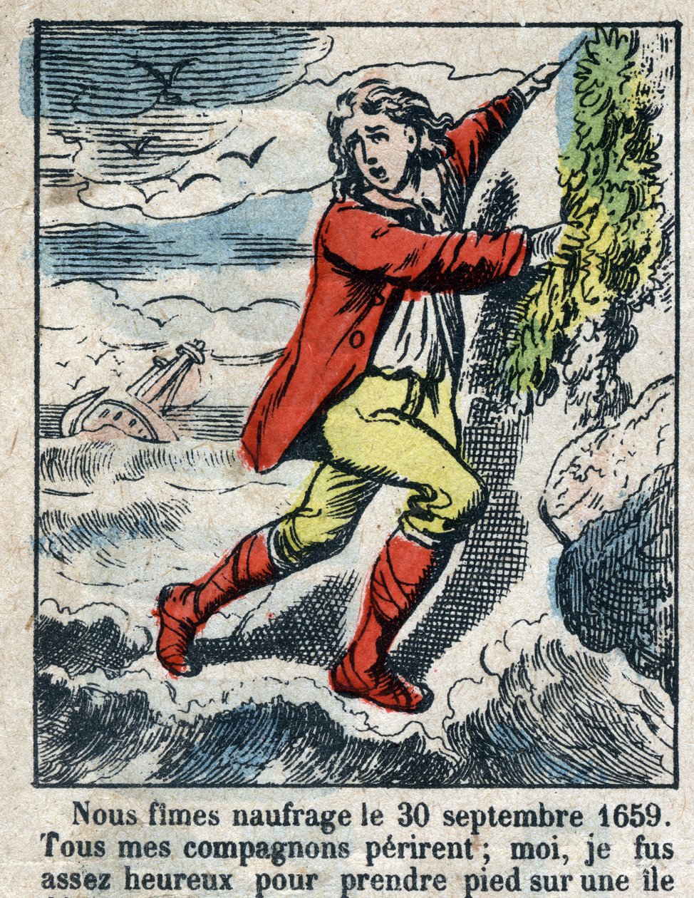 Illustratie voor het boek van Daniel Defoe "Robinson Crusoe". Epinal afbeelding eind 19e eeuw. door French School