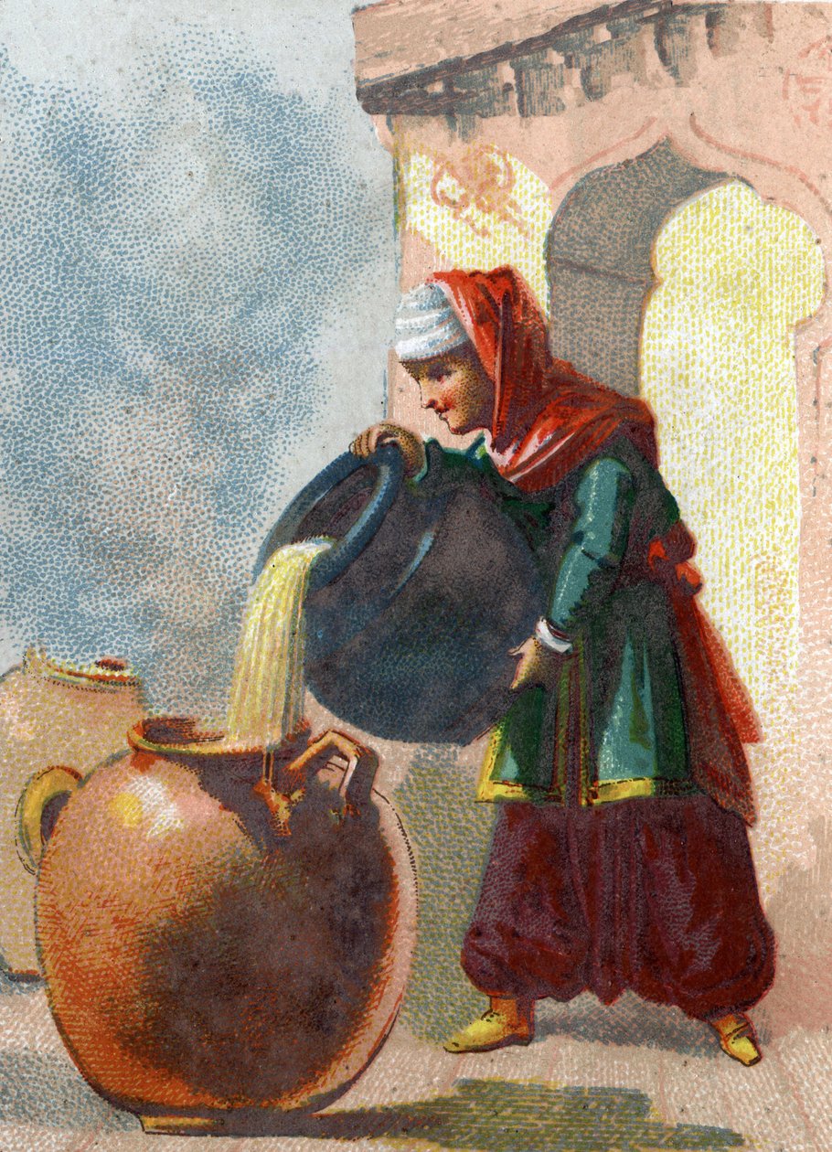 Illustratie voor de Verhalen van Duizend-en-een-nacht. Morgiane, een slaaf van Ali Baba, die ontdekte dat de vazen dieven bevatten, nam hun leven door kokende olie in elk vat te gieten. Chromolithografie rond 1890. door French School