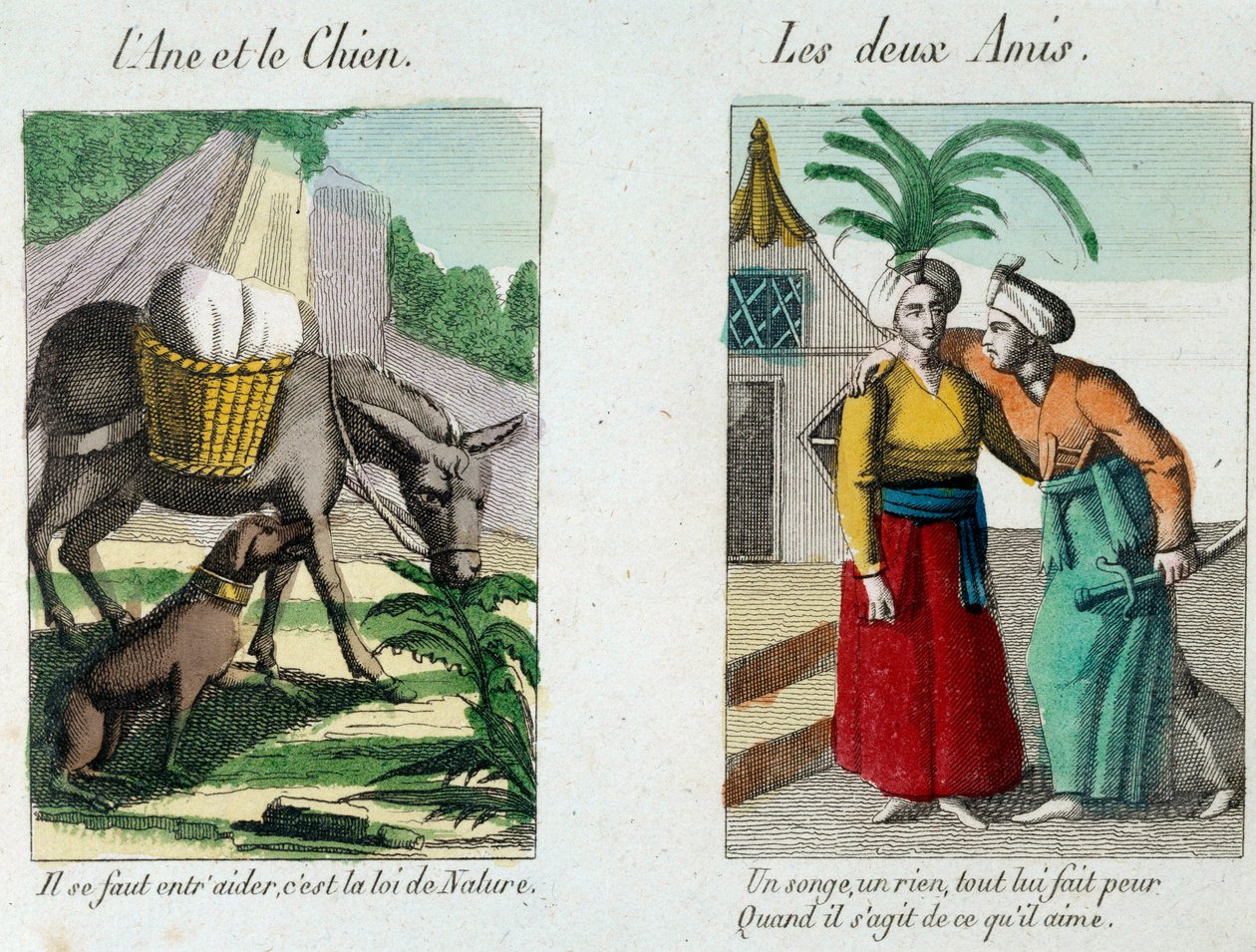 Illustratie voor de fabels van Jean de la Fontaine: links 