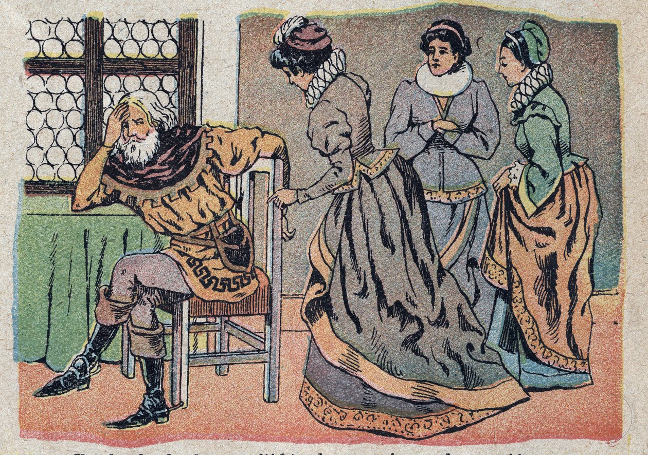 Illustratie voor het sprookje Belle en het Beest: de koopman verdwaald in pijn. Gravure van Quinn imagery, circa 1890 door French School