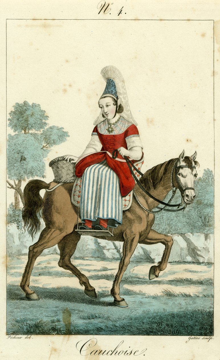Illustratie nr. 4, Cauchoise kostuum (gekleurde gravure) door French School