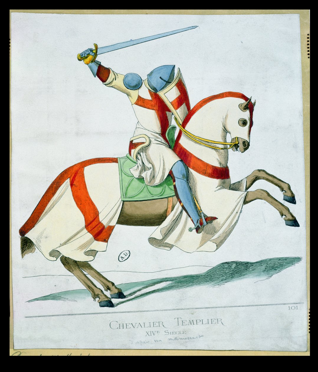 Illustratie van een Tempelier, naar een 14e-eeuws manuscript door French School