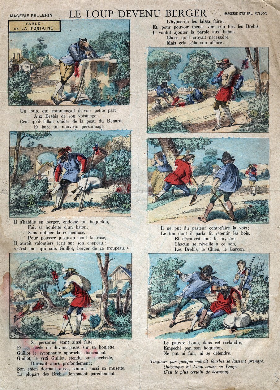 Illustratie van de fabel door Jean de la Fontaine (1621-1695): de wolf werd een herder. Epinal imaging eind 19e eeuw. door French School