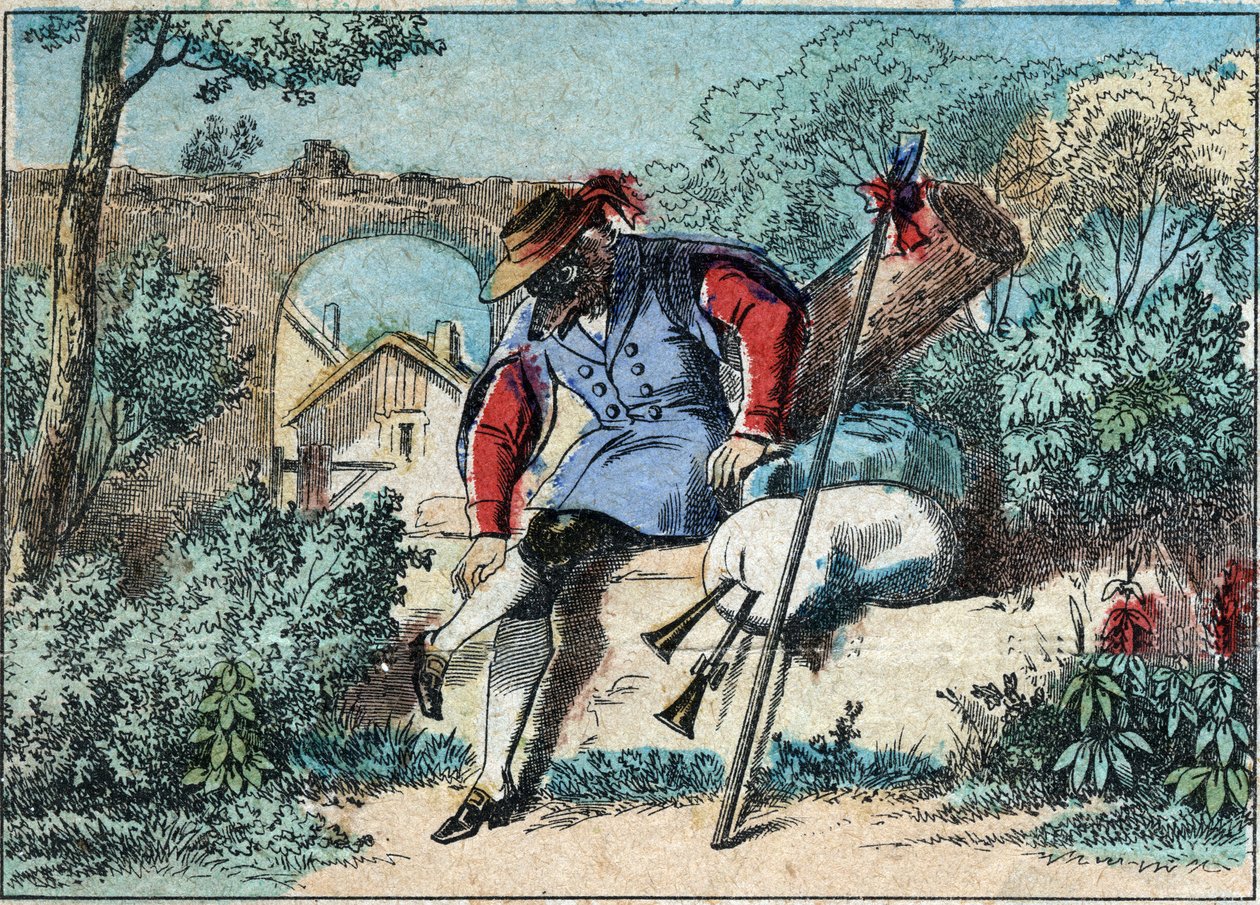 Illustratie van de fabel door Jean de la Fontaine (1621-1695): de wolf werd een herder. Epinal imaging eind 19e eeuw. door French School