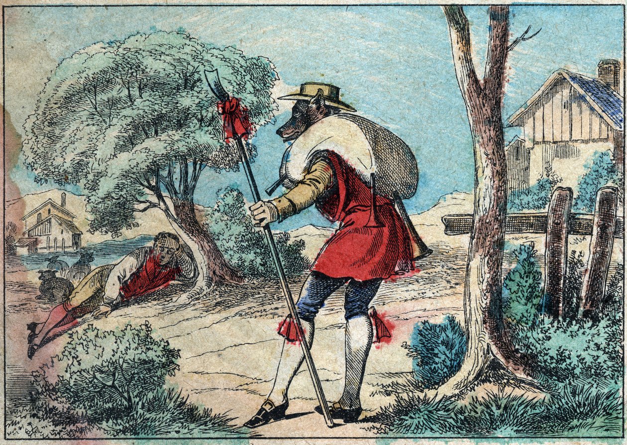 Illustratie van de fabel door Jean de la Fontaine: de wolf werd een herder. Epinal afbeelding eind 19e eeuw. door French School
