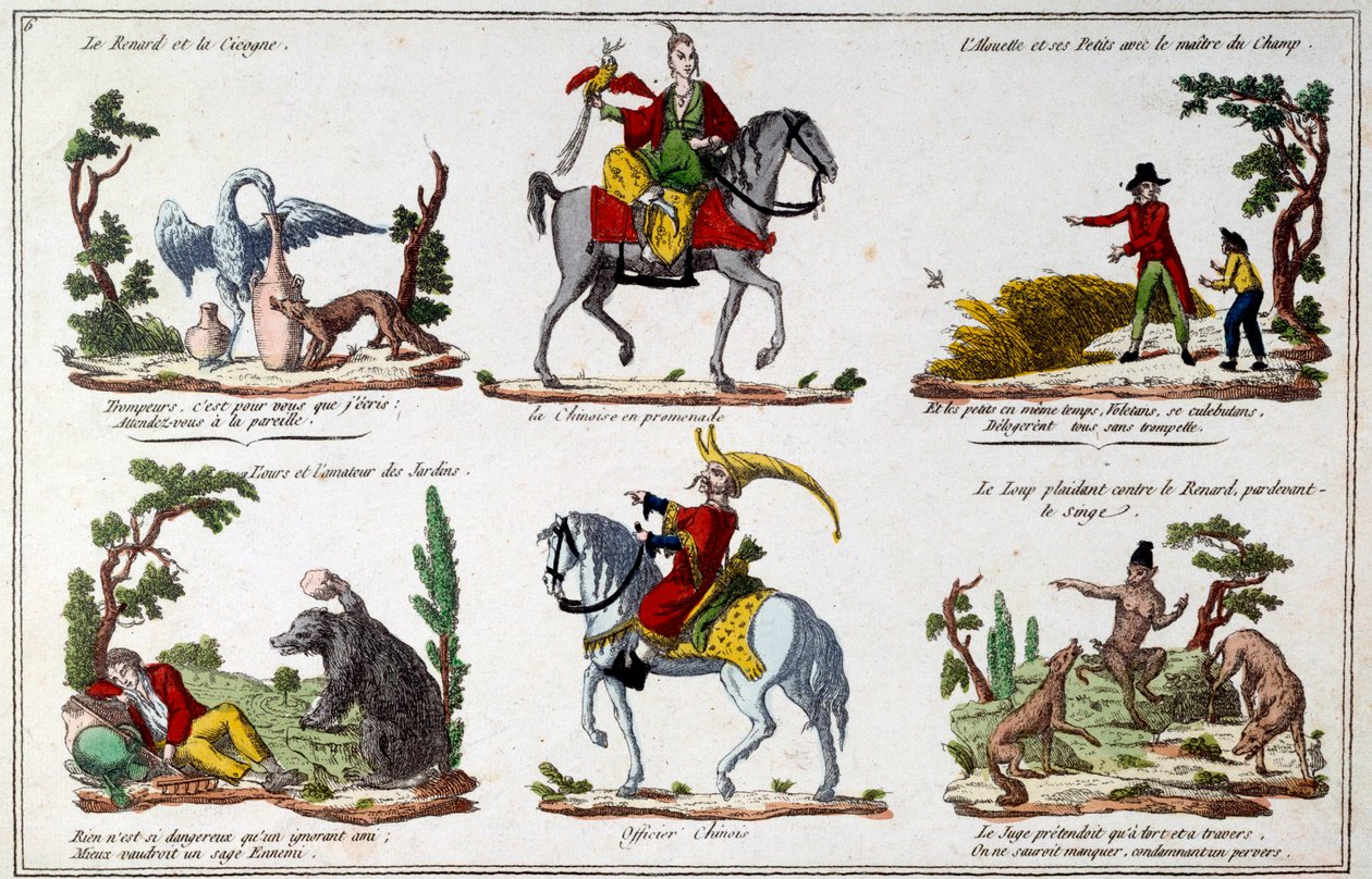 Illustratieplaat voor de fabels van Jean de La Fontaine: de Vos en de Ooievaar, de Chinese wandelaar, de beer en de tuinliefhebber, de Chinese officier. Gravure door French School