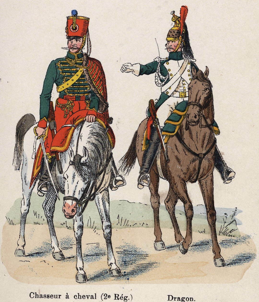 Keizerlijke Garde Napoleon I: Ruiterjager (2e Regiment) en Draak. Plaat uit het boek Les Uniforms de l