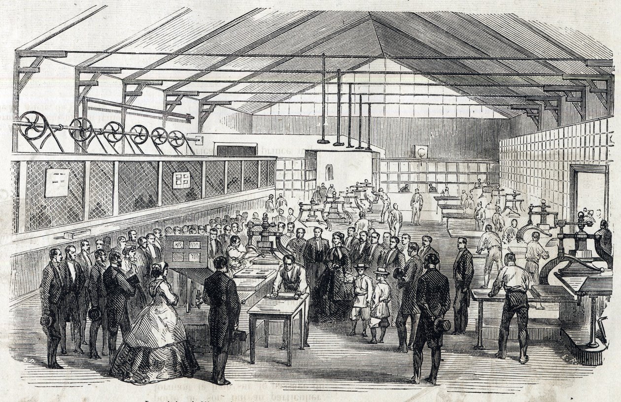 Keizerin Eugenie en de Keizerlijke Prins bezoeken de Banque de France, 23 juni 1866 - druk van bankbiljetten - gravure in Le MONDE Illustre DU 07/07/1866 door French School