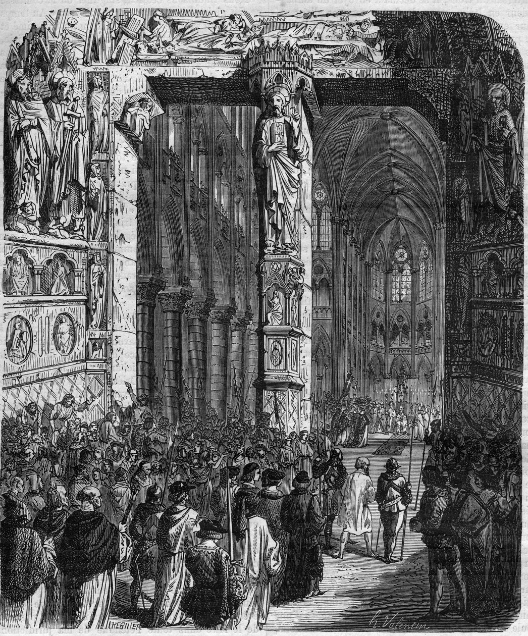 In Canossa, Keizer Hendrik IV van het Heilige Roomse Rijk in boetekleed smeekt om vergeving van Paus Gregorius VII. Uit Crimes of the Queen King and Emperors through the centuries door Mauri door French School