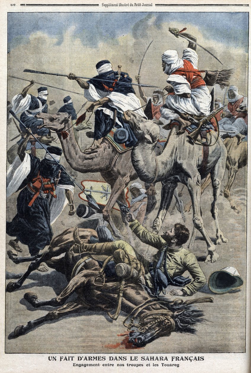 In de Engelse Sahara: gevecht tussen Franse troepen en Toearegs, illustratie uit de krant 