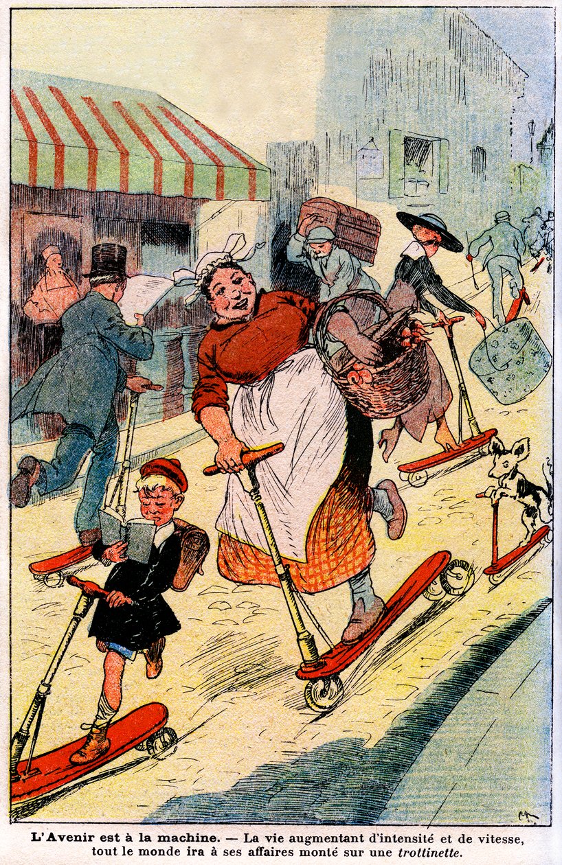 In de toekomst, met toenemende intensiteit en snelheid van het leven, zal iedereen naar zijn werk gaan op een scooter. 1919 (gravure) door French School