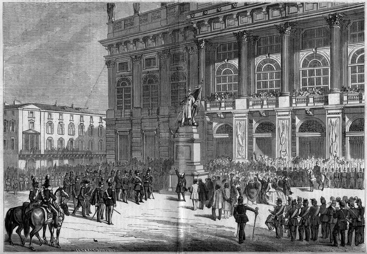 Inhuldiging van het Sardijnse monument door Vincenzo Vela (1820-1891), op het Kasteelplein in Turijn (Italië) op 10 april 1859. Achter het standbeeld staat het 