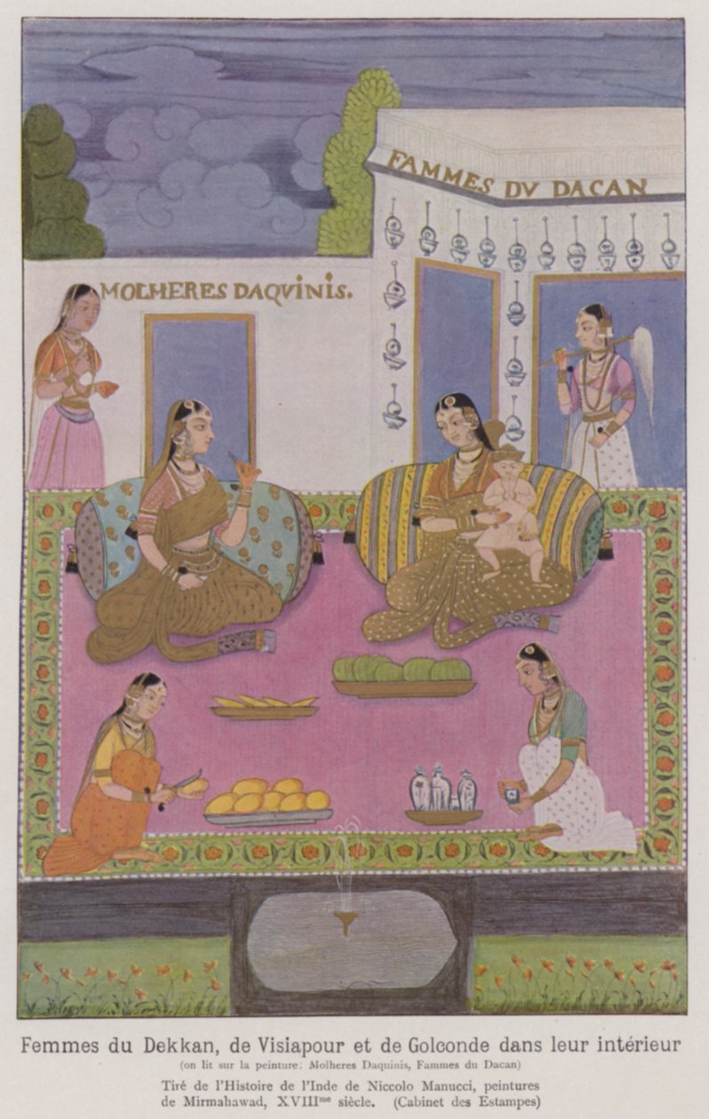 Indiase vrouwen van de Deccan in een gebouw (kleurenlitho) door French School