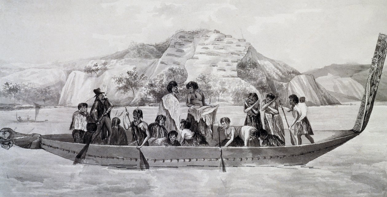 Inheemse Nieuw-Zeelanders op pirogue met versterkt dorp op de achtergrond door French School