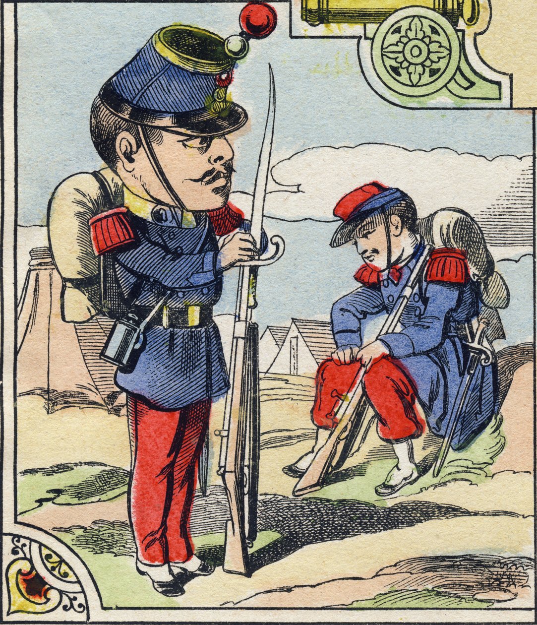 Infanterielinie. Gravure in "Comic Military Alphabet". Vijfde serie. Epinal beeld, eind 19e eeuw door French School