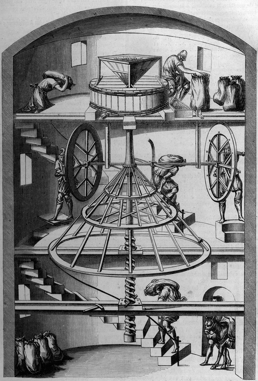 Binnenaanzicht van een 16e-eeuwse molen; Gravure door Androue du Cerceau in 