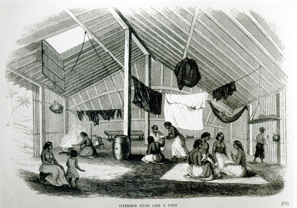 Binnen in een Tahitiaanse hut, uit 