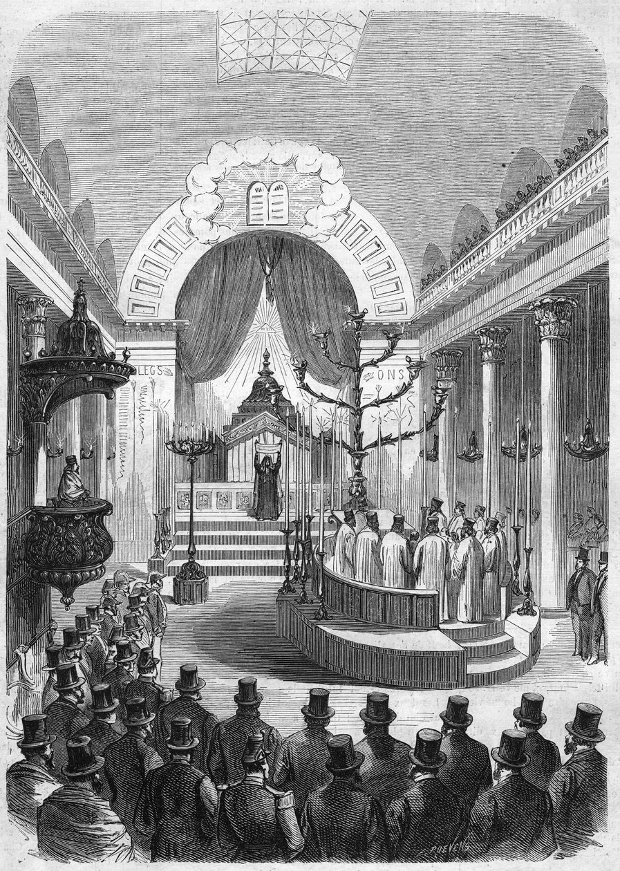 Installatie van de opperrabbijn van de conscriptie van Bordeaux, in de synagoge van de stad in 1864. Gravure naar de schets van Mr. Duffet door French School