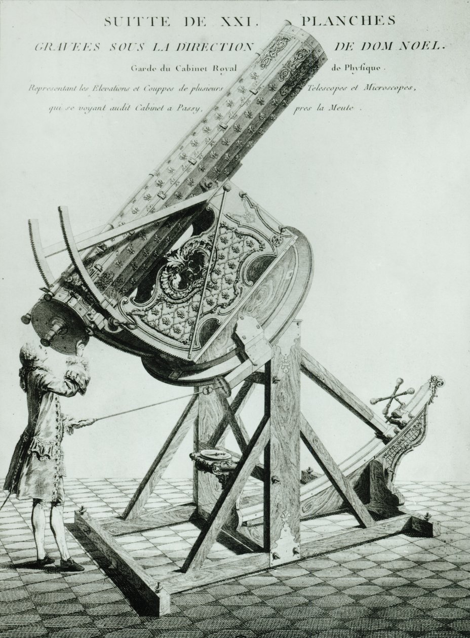 Instruments doptique door Dom Noel, de eerste in een serie van 21 platen met telescopen en microscopen door French School