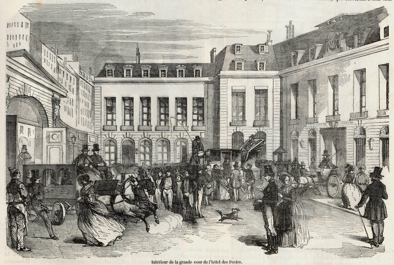 Interieur van de grote binnenplaats van het postkantoor in Parijs - Gravure in 