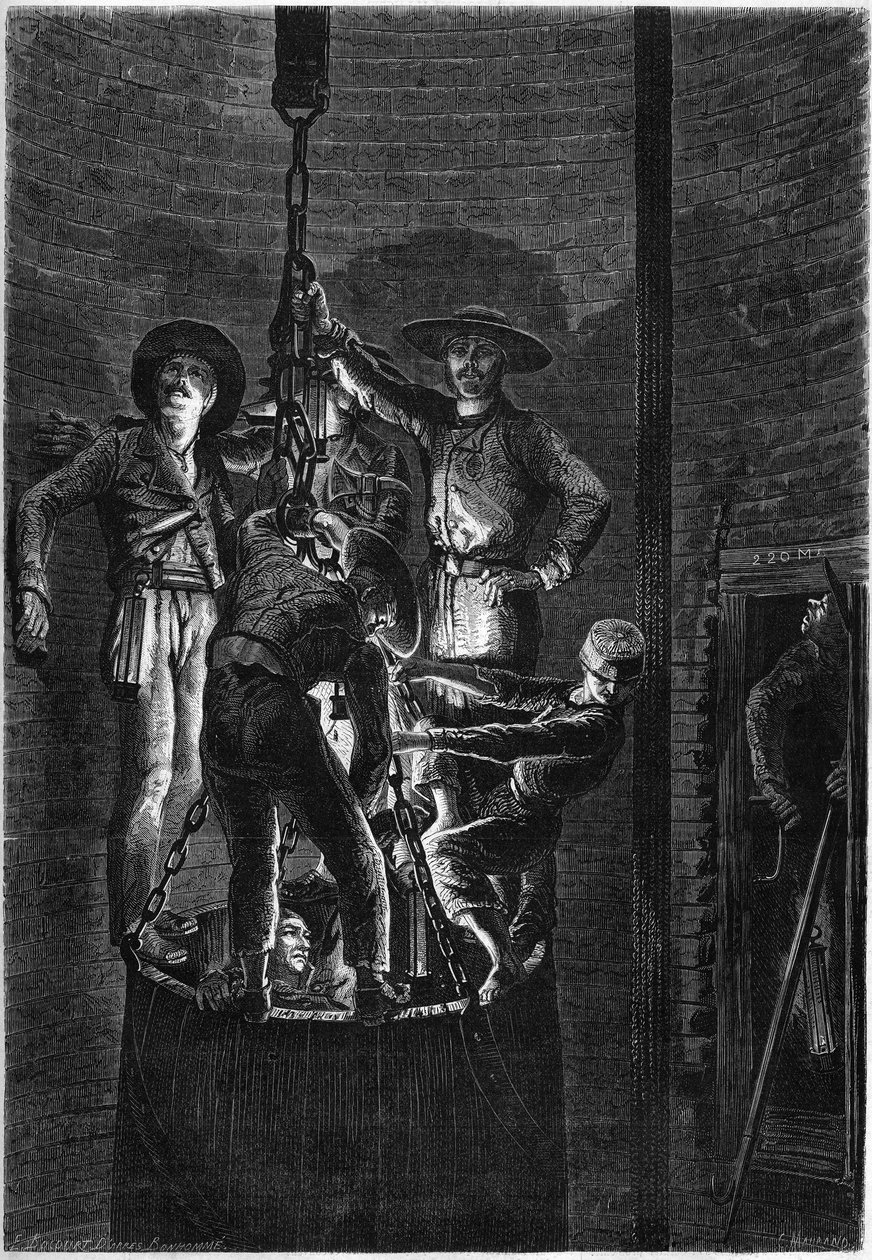 Interieur van een kolenmijnschacht: opkomst van de container. 1861. Gravure in 