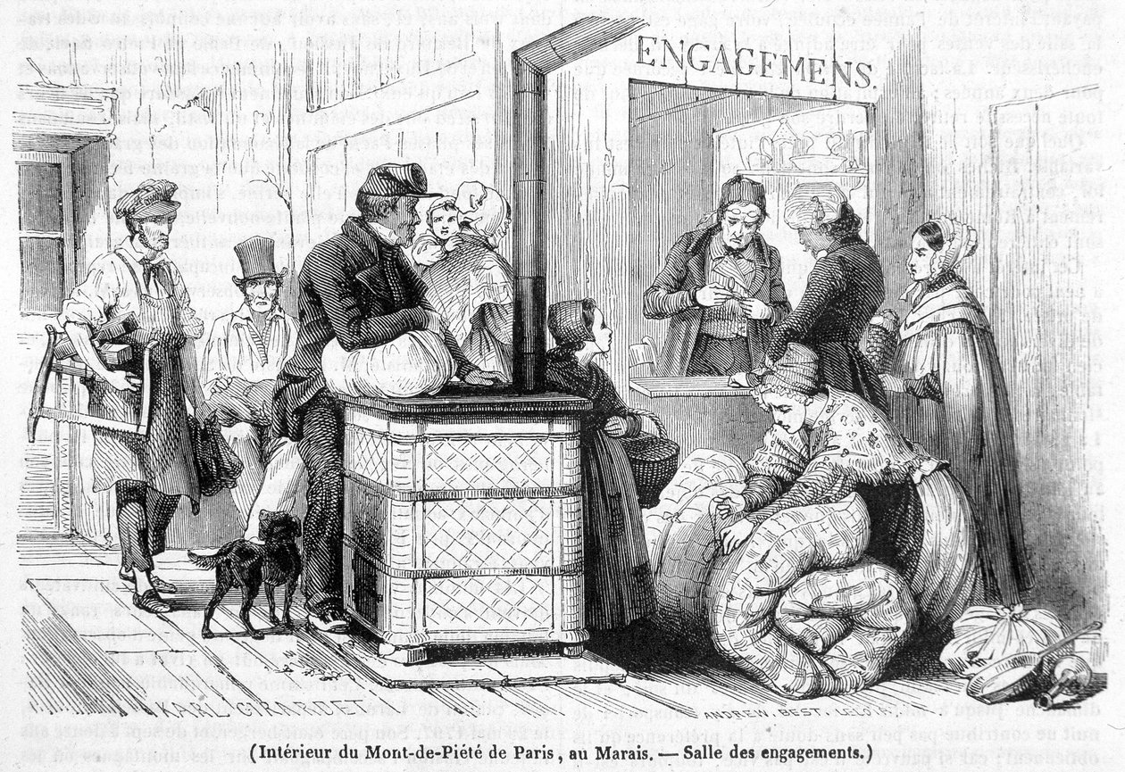 Interieur van Mont-de-Piété in Parijs, in de Marais: zaal van engagement - in 