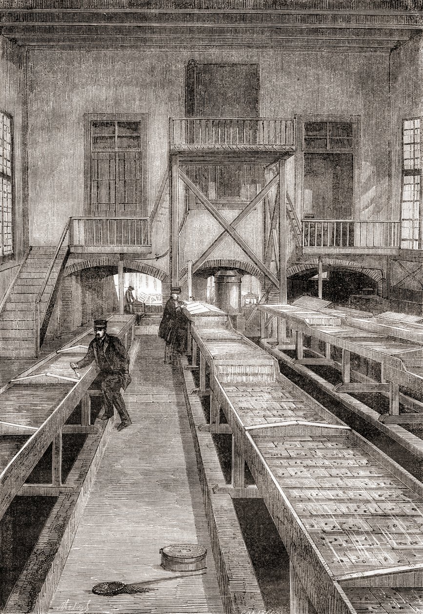 Interieur van een 19e-eeuwse viskwekerij in Huningue, Frankrijk, uit Les Merveilles de la Science, gepubliceerd ca. 1870 door French School