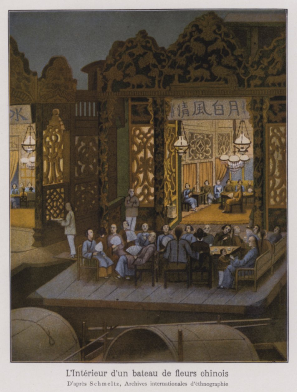 Interieur van een bloemenboot, een Chinese plezierboot (kleurenlitho) door French School
