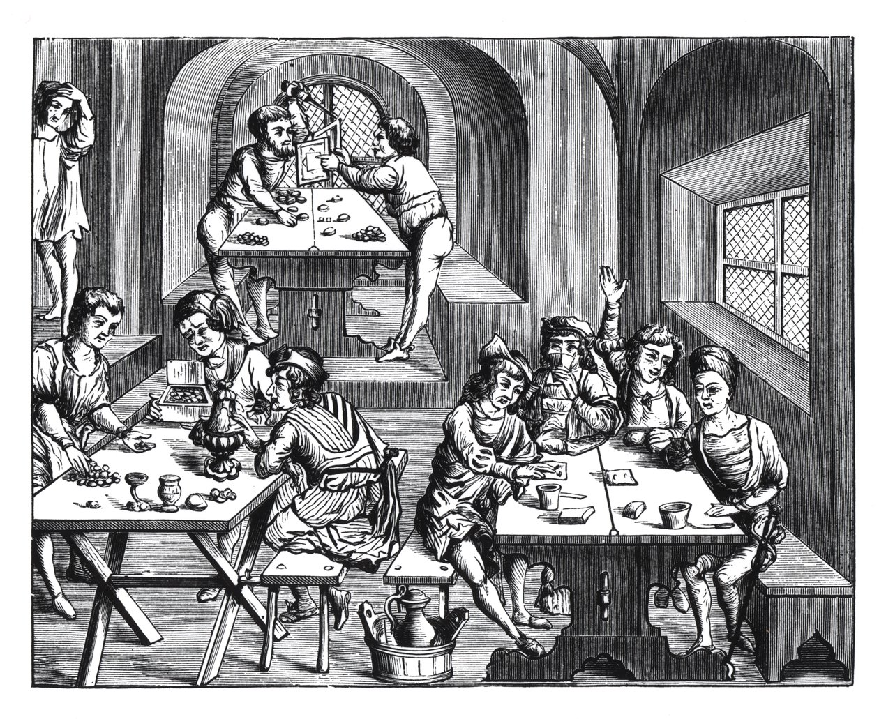 Interieur van een herberg, naar een houtsnede in een folio-editie van Virgil, gepubliceerd Lyon, 1517 door French School