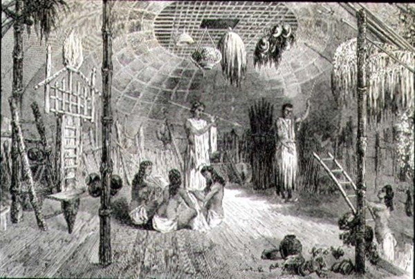 Interieur van een Indiaanse hut in de jaren 1860 door French School