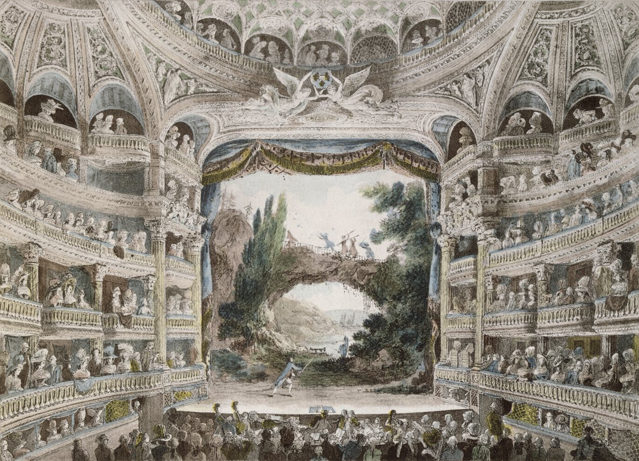 Interieur van het Théâtre de la Comédie Française in 1791, naar een originele aquarel door French School