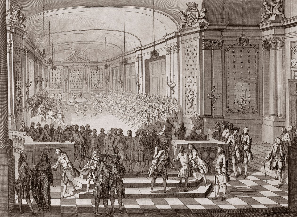 Interieur van de Jacobijnenhal, in Nantes, tijdens de vergadering van de Verenigde Staten van Bretagne in 1764. door French School